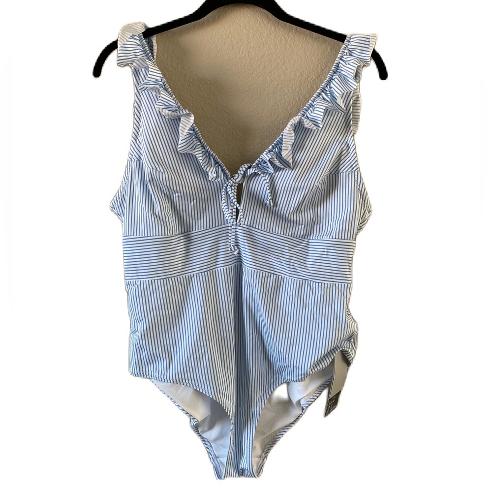 NWT H&M Blue White Pinstripe Ruffle One-Piece Swimsuit L